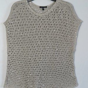 EILEEN FISHER Natural Oatmeal Beige Over-Sized Crochet Cap-Sleeve Sequin Sweater